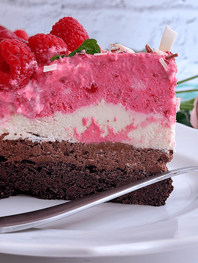 Chocolate Raspberry Mousse Cake with Brownie Bottom